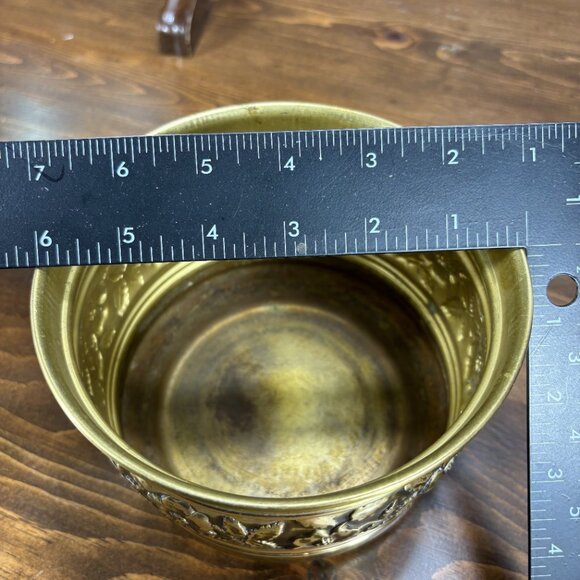 Vintage Embossed Brass Planter with Floral Design Rustic Patina Jardiniere - Picture 11 of 12